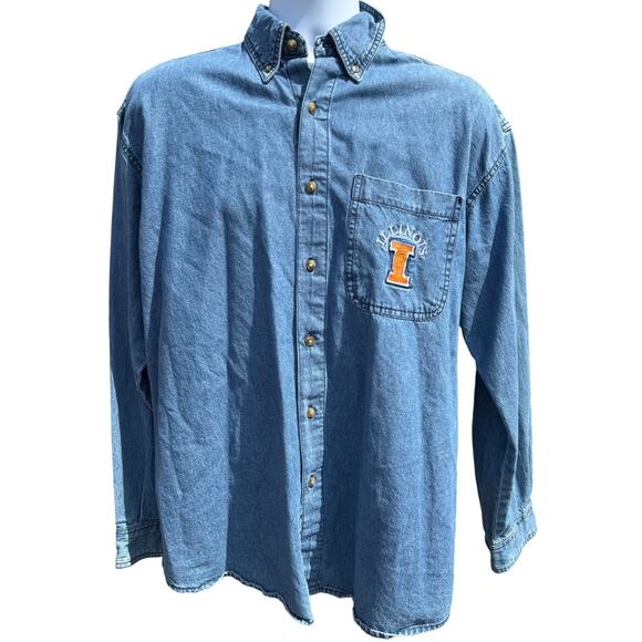VTG 90's Illini U of I Fighting Denim button up shirt SZ L Joe College Authentic - Picture 1 of 4